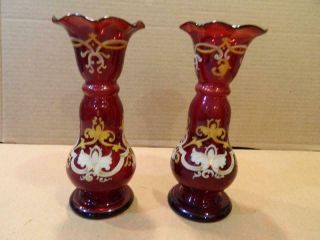 Bohemian Ruby Glass Vases Cream & Gold Hand Painted Decoration Antique