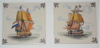 Two Vintage Royal Makkum Tichelaar Delft Tiles - Dutch Sailing Ships