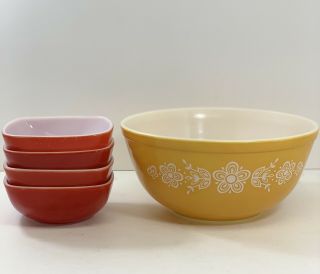 Vintage Pyrex Butterfly Gold Bowl And Set Of (4) Red Square Small Bowls