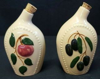 Vintage Ceramic Handpainted Cruet Set Oil & Vinegar Bottles Farm Ship Olive Leaf