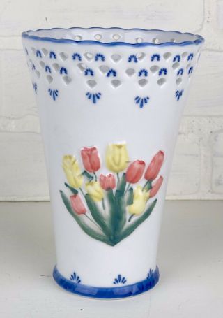 Royal Twickel Vase Ter Steege Hand Painted Delftware Holland Reticulate Top