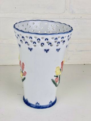 Royal Twickel Vase Ter Steege Hand Painted Delftware Holland Reticulate Top 2