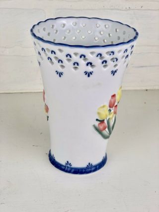 Royal Twickel Vase Ter Steege Hand Painted Delftware Holland Reticulate Top 3