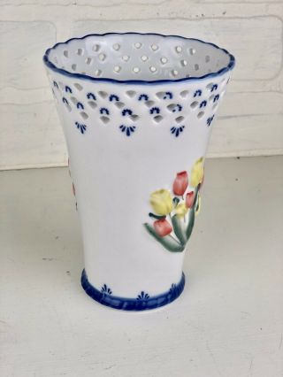 Royal Twickel Vase Ter Steege Hand Painted Delftware Holland Reticulate Top 7
