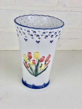 Royal Twickel Vase Ter Steege Hand Painted Delftware Holland Reticulate Top 8
