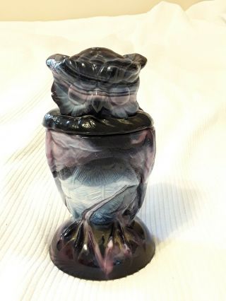 Vintage Carnival Glass Purple Slag Owl Lidded Jar Signed 6.  5 "