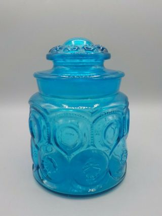 Vintage Le Smith Blue Glass 7 " Canister Moon And Stars W/lid