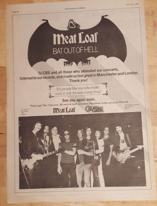 Meatloaf Bat Out Of Hell Thank You 1978 Press Advert Full Page 28 X 39 Cm Poster