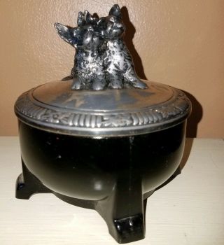 Vintage Black Glass Candy Dish Terrier Dogs Pewter Top Lid Rare