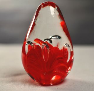Blown Art Glass Paperweight 4 " Tall Egg Shaped Red Bubble Waves