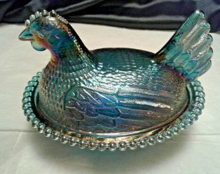 Vintage Indiana Glass Hen On A Nest Standard Blue/green Carnival