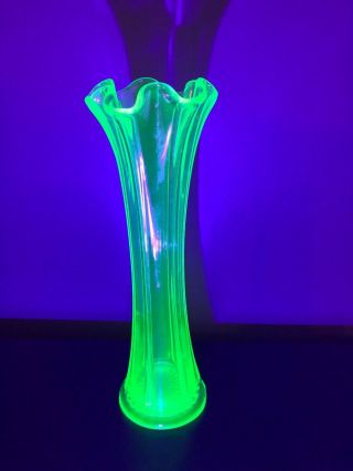 Green Vaseline Uranium Depression Glass 6 - Panel Scalloped Vase 10 " Chipped Base