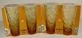 Nos Vintage Set Of 4 Libbey Aztec Gold Amber Drinking Glasses Glassware