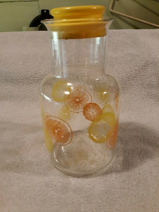 Vintage Pyrex Corning Juice Carafe Bottle 2 Quart 9.  5 " Lemon Orange Pitcher Exc