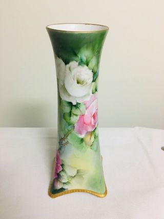 Vintage Bavaria Porcelain Pink Rose Floral Vase Large 14.  75 "