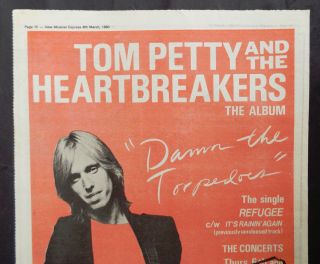 TOM PETTY,  THE HEARTBREAKERS DAMN THE TORPEDOES LP POSTER ADVERT CUTTING 1980 2