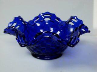 Vintage Fenton Cobalt Blue Glass Bowl,  Basket Weave Pattern With Reticulated Rim