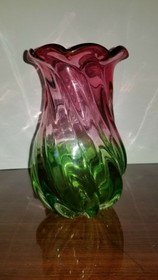 Vintage Art Glass Watermelon Pink Green Swirl Vase 8 Inches Tall