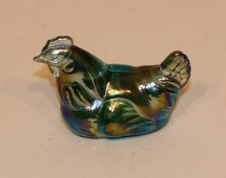 Fenton Art Glass Miniature Chicken Hen Spruce Green Carnival Iridescent
