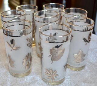 Set Of 8 Vintage Mcm Libbey Frosted Clear Gold Leaf Glasses Mid - Century