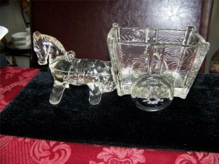 Vintage Clear Press Glass Candy Dish,  Horse/donkey Pulled Cart/wagon,  9.  25 " L