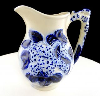 English Salt Glaze Stoneware Pottery Cobalt Blue Berry 5 3/4 " Cream Pitcher