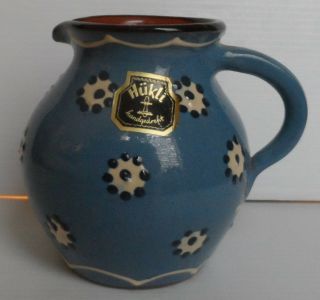 Hukli German Art Pottery Miniature Blue Pitcher Creamer Raised Design 4 1/2 "