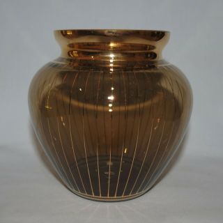 Smokey Amber Art Glass Vase With Gilt Thread Decoration Vintage Retro