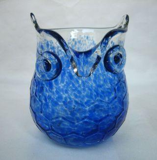 Vintage Blenko Art Glass Owl Vase In A Mottled Blue