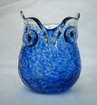 Vintage Blenko Art Glass OWL Vase in a Mottled Blue 3