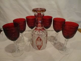 Bohemian Cranberry Cut To Clear Crystal Decanter With 6 Ruby Red Wine Glasses 2