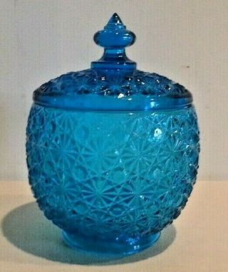 Old L.  E.  Smith Blue Daisy & Button Glass Candy Jar With Lid