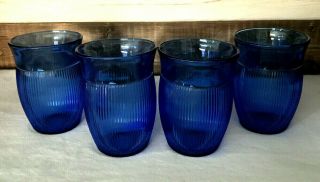 Hazel Atlas Fine Rib Cobalt Blue 4 " 8 Oz Water Juice Tumblers Set Of 4