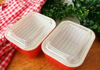 Set of 2 VINTAGE PYREX RED REFRIGERATOR DISHES Complete WITH LIDS 501 - B 501 - C 2