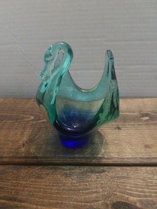 Vintage Murano Blue Green Swan Crystal Clear Blown Art Glass Candy Dish,  Bowl