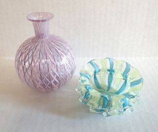 Vintage Murano Latticino Ribbon Art Glass Small Vase & Trinket Dish Finger Bowl