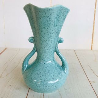 1938 Rumrill Pottery No.  505 Speckled Turquoise Ruffle Rim Ceramic Vase 8 "
