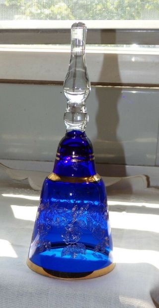 Vintage Bohemia Crystal Bell Cobalt Blue & Gold Floral Czechoslovakia Czech