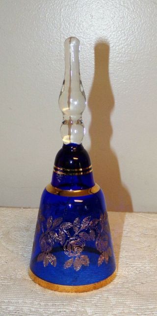 Vintage Bohemia Crystal Bell Cobalt blue & Gold Floral Czechoslovakia Czech 2