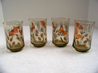 Butterfly Floral 6 Oz Drinking Glasses Mid Century Libby Amber Brown Set Of 4