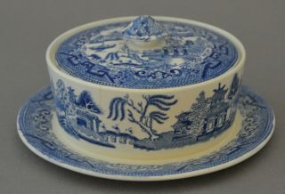 Antique Earthenware Blue Willow Covered Butter With Stand By Ridgways