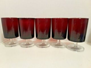 5 Vintage Glasses Luminarc Arcoroc Ruby Red Clear Stemmed Glasses France 5 "