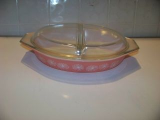 Vintage Pyrex Pink Daisy Divided Casserole Dish 1 1/2 Quart With Lid
