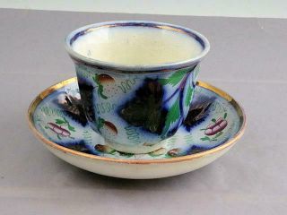 Gaudy Welsh Flow Blue Strawberry & Vine Cup & Saucer By Thomas Walker Ca 1845