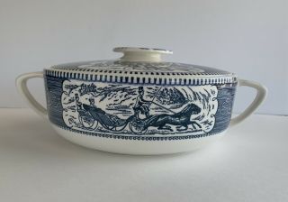 Currier And Ives Royal China Blue 1.  25 Qt Round Casserole Dish With Lid