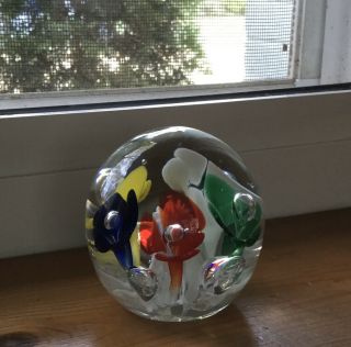 St.  Claire Vintage Paperweight Multi Colored Flowers With Bubbles