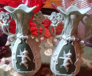 Vtg 1900s Schafer & Vater Art Nouveau Green Jasperware Vases German Bisque