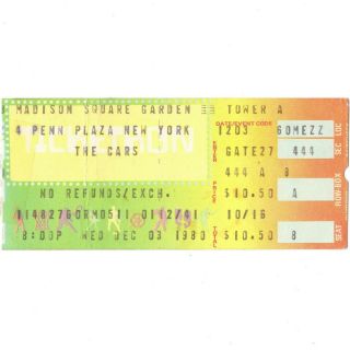 The Cars Concert Ticket Stub Madison Square Garden 12/3/80 Nyc Panorama Tour
