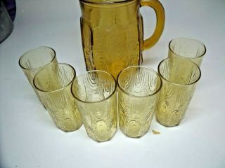 Vintage Anchor Hocking Amber Glass 10 " Pitcher & 6 Matching Glasses Euc Read
