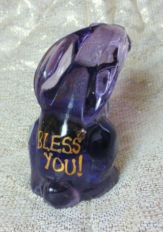 FENTON Art Glass BUNNY RABBIT Hand Painted BLESS YOU Figurine - VIOLET PURPLE 4